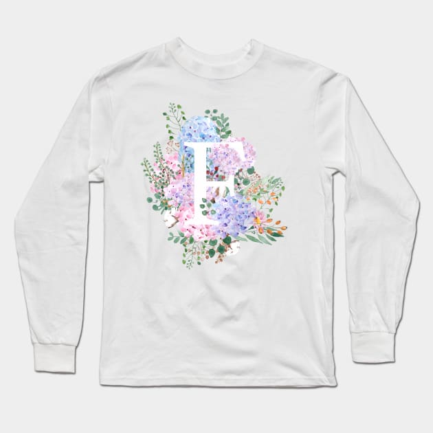 botanical monogram alphabet F hydrangea flowers Long Sleeve T-Shirt by colorandcolor